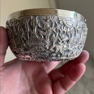 Antique Repousse Burmese Real Silver Thabeik Offering Bowl